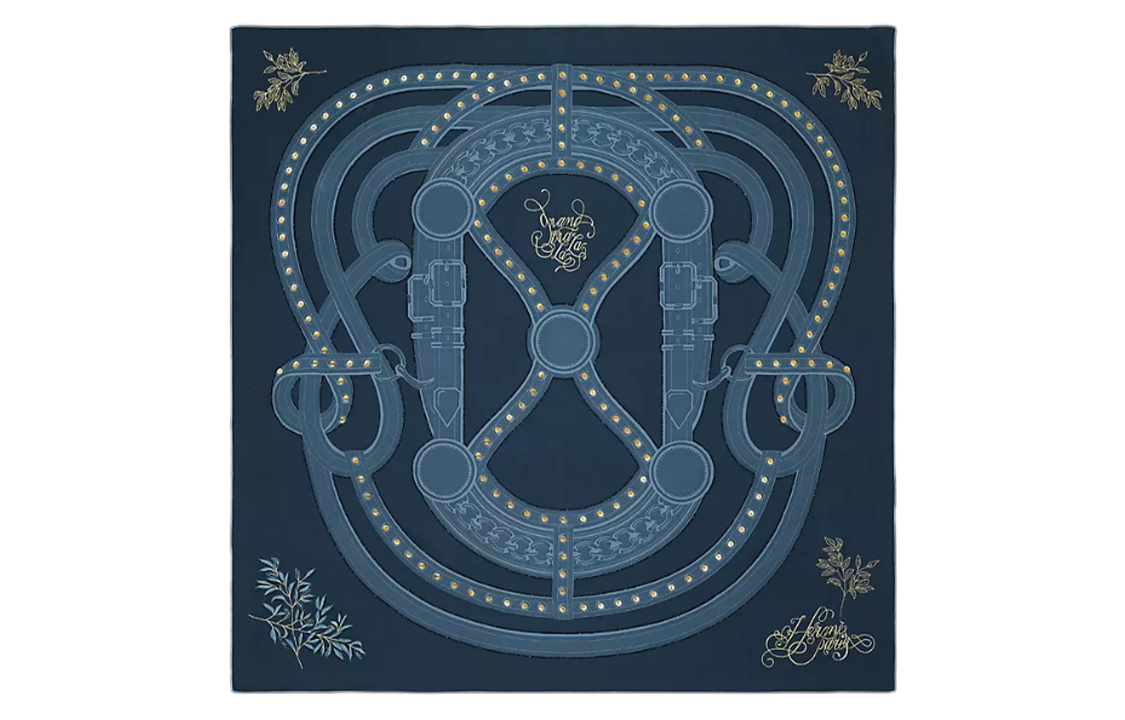 (Women) HERMES Hand-Embroidered Gold-Plated Sequin Blue Silk Scarf for Women. H594018S 06