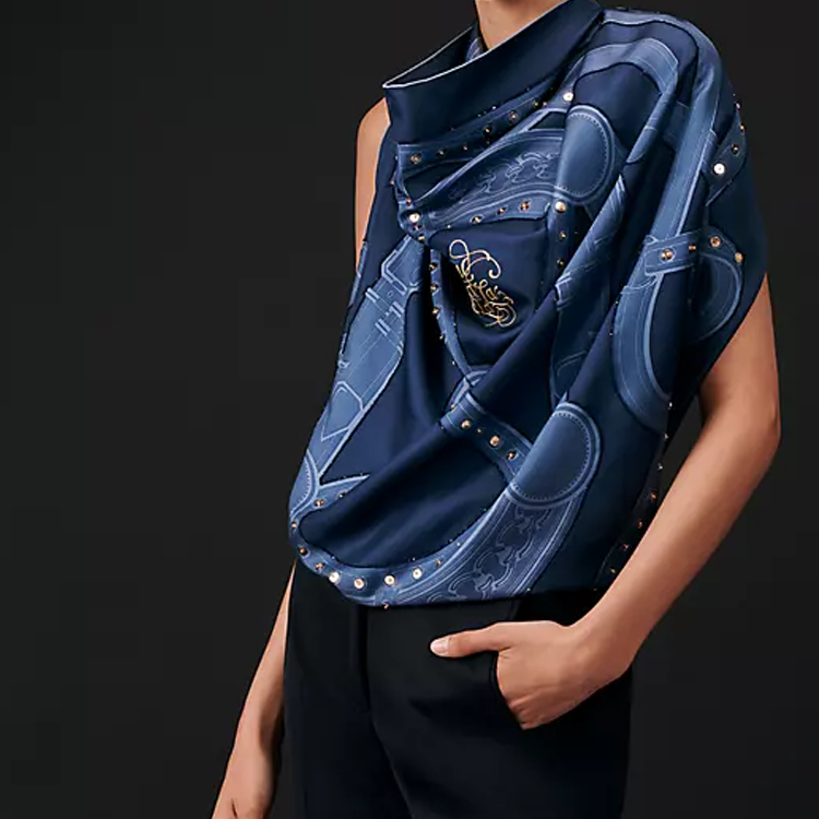 (Women) HERMES Hand-Embroidered Gold-Plated Sequin Blue Silk Scarf for Women. H594018S 06 圖 3