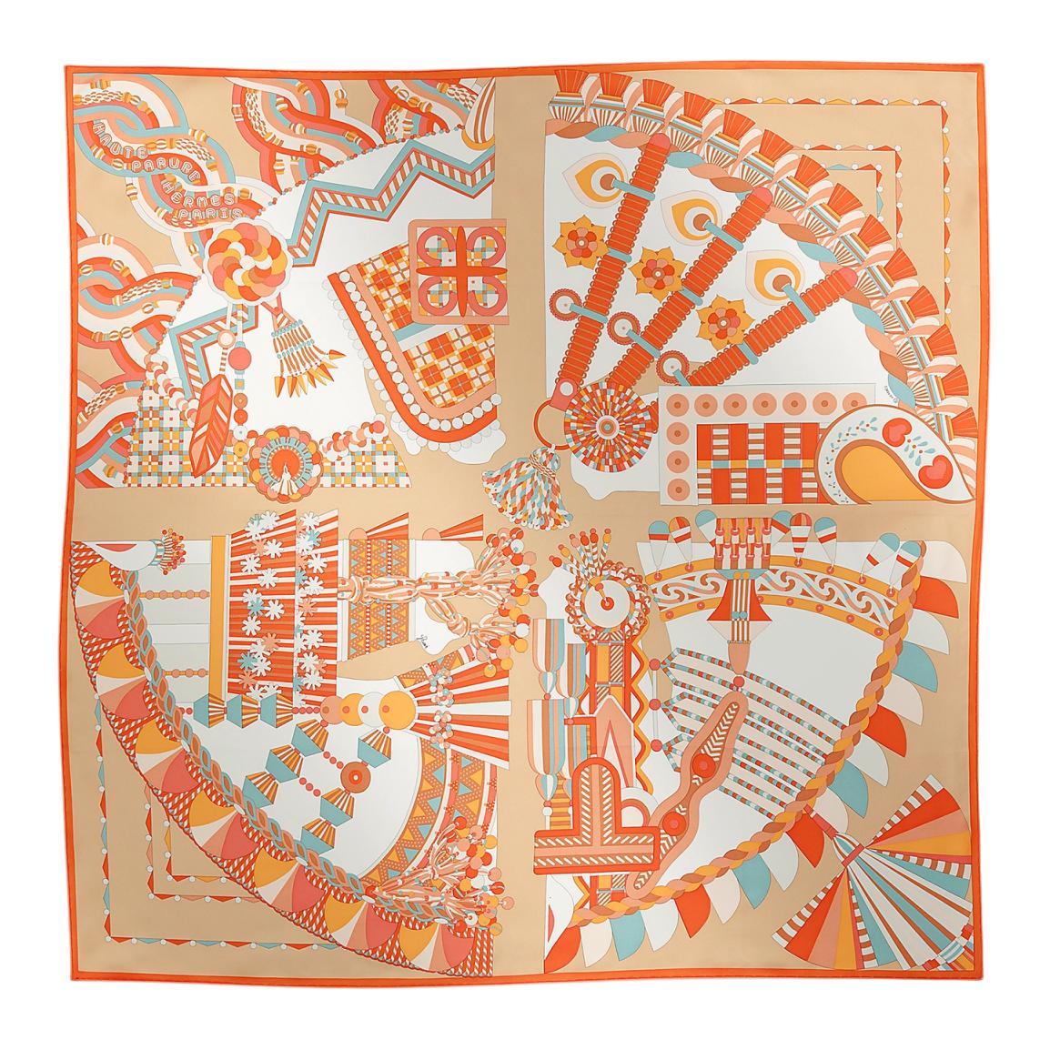 (Women) HERMES Haute Parure Orange Silk Scarf for Women with Twill Design. H004099S 06