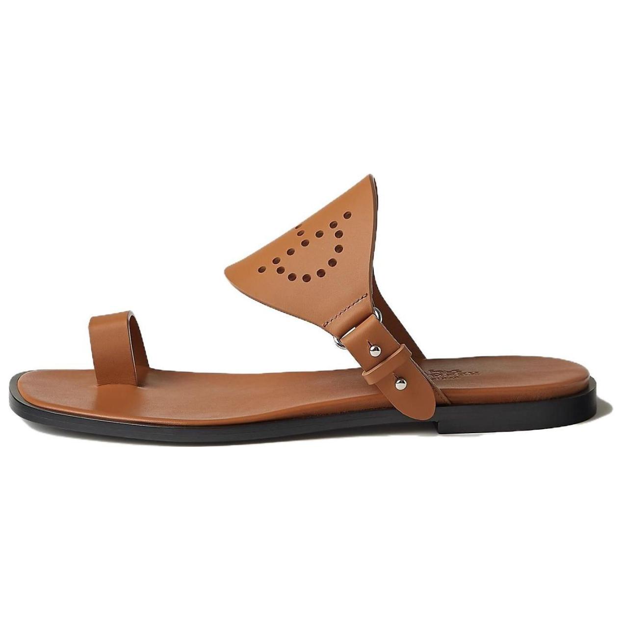 Buy HERMES愛馬仕 Hera 小牛皮 圓頭套腳 一字拖鞋 女款 棕色