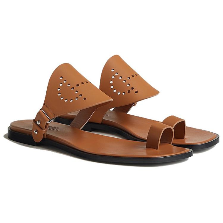 Shop HERMES愛馬仕 Hera 小牛皮 圓頭套腳 一字拖鞋 女款 棕色