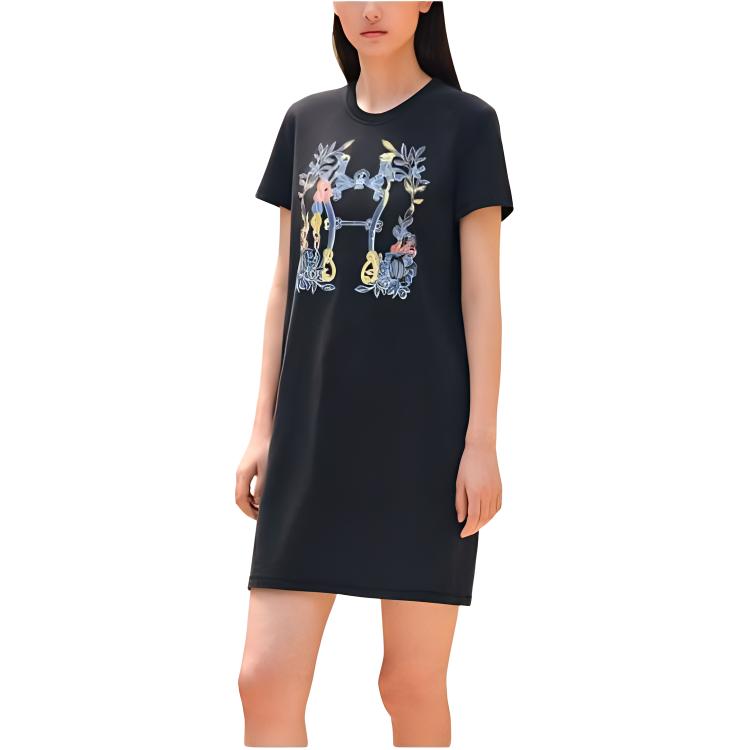 (Women) Hermes HERMÈS  Black Short Sleeve Logo Print Short Dress H4E4530DA5H