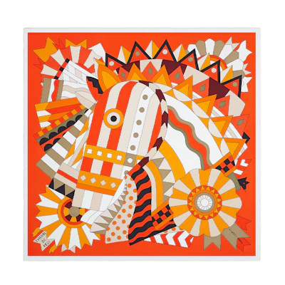 (Women) Hermes Hermès "Celebration Horse" 90cm Scarf Orange/Brown/Khaki H003748S-04