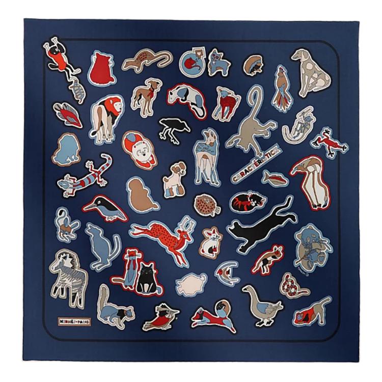 (Women) Hermes HERMÈS  Silk Scarf Navy Blue with Animal Print Design. H894219S06