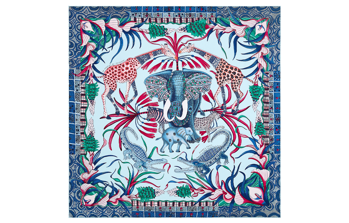 (Women) Hermes HERMÈS Celebration of the Zambezi 90cm Silk Scarf Sky Blue/Denim Blue/Pink H002987S-21