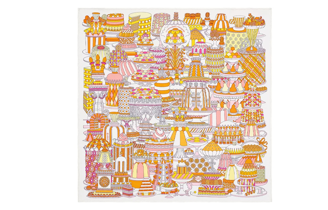 (Women) Hermes HERMÈS French Pastry Scarf 45x45 Silk  Multi-color. H893336S-09