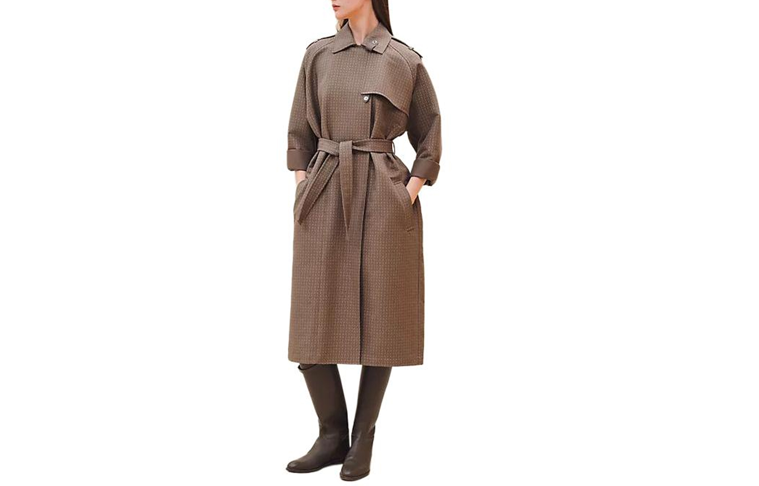 (Women) HERMES Herringbone Cotton Belted Trench Coat Gray H4E0128DJDK36