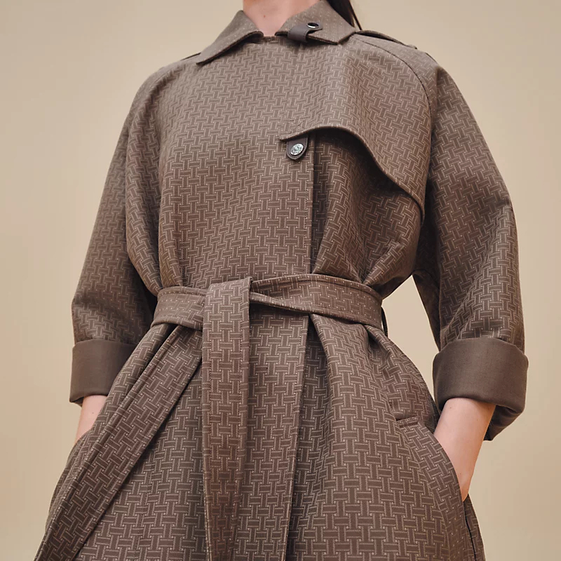 Details for (Women) HERMES Herringbone Cotton Belted Trench Coat Gray H4E0128DJDK36