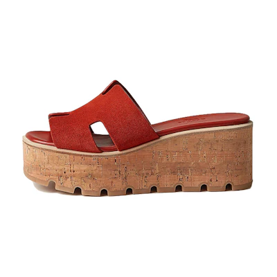 (W) HERMES High Heel Peep Toe Slide 'Red'