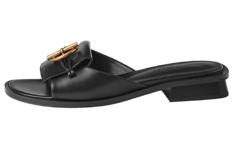 (Women) HERMES Isle Black Calfskin Vintage Block Heel Slide Sandals H241145Z 02