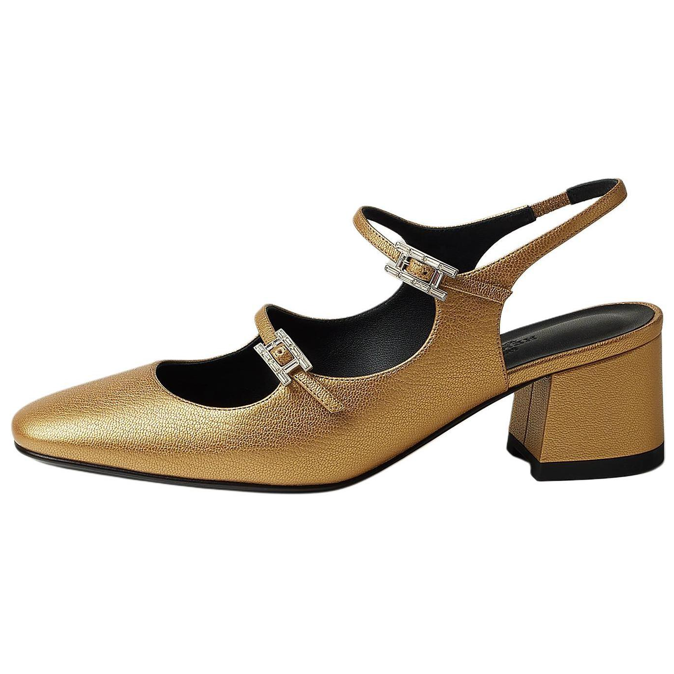 (Women) HERMES Jackie Goatskin Square Buckle 6cm Horse Hoof Heel Gold High Heels H242042Z DR