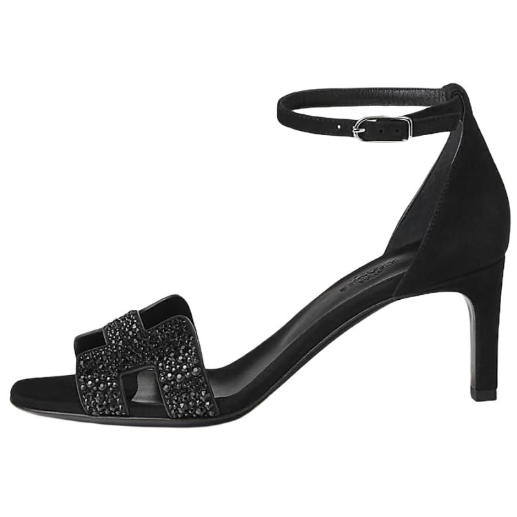 (Women) HERMES Joy Leather Sandals Black 7cm Women’s with Rhinestone and Palladium Detail. H242119Z 02