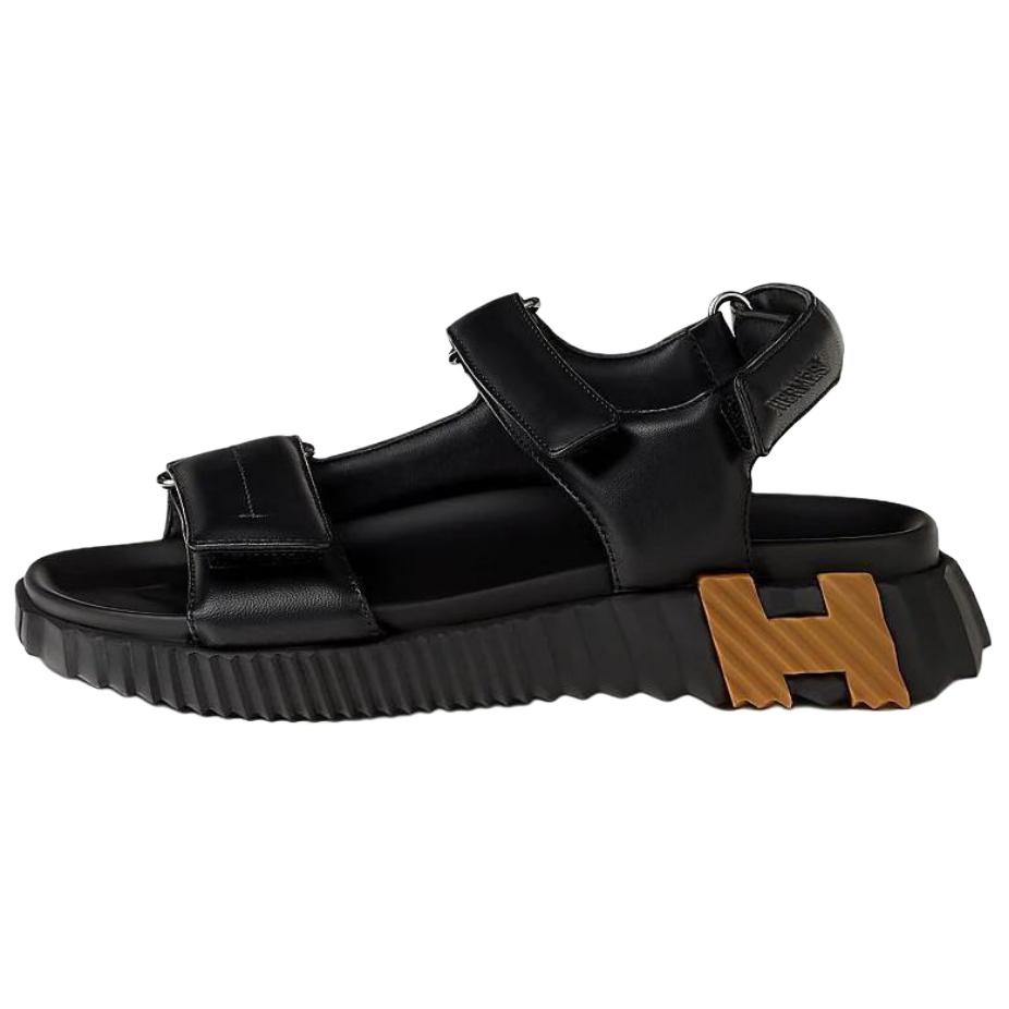 (Women) HERMES Junior Black Leather Flat Sandals with Strap 3.7cm Heel H242181Z 04