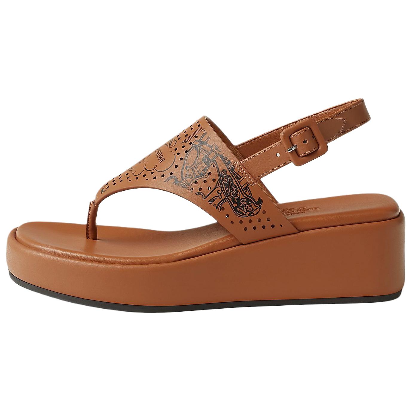 (Women) HERMES Karima Calfskin Sandals Brown 4.5cm with Round Buckle Strap Design H251219Z A3