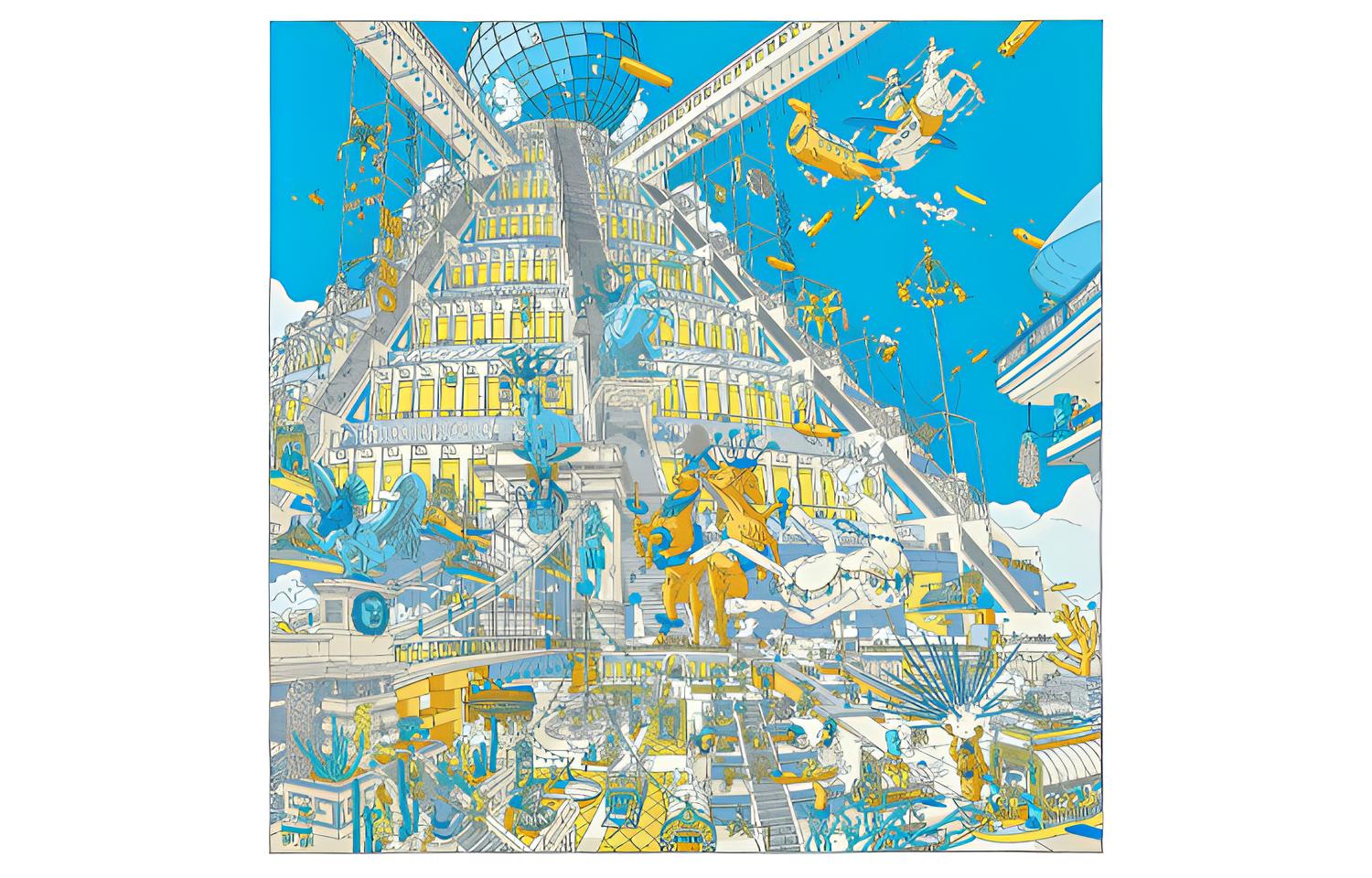 (Women) HERMES Ladies Blue/Yellow/Gold Silk Scarf with Feathered Pegasus Design H003517S-17