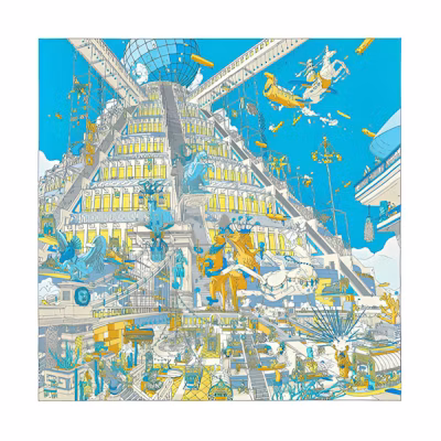 (Women) HERMES Ladies Blue/Yellow/Gold Silk Scarf with Feathered Pegasus Design H003517S-17