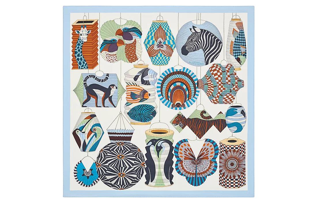 (Women) HERMES Lantern Balloon Hat Print Silk Scarf 90x90cm White for Women H003918S-06