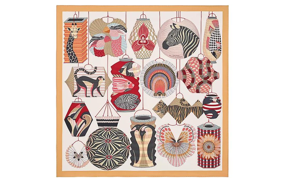 (Women) HERMES Lantern Balloon Hat Silk Scarf 90x90cm Beige for Women. H003918S-07