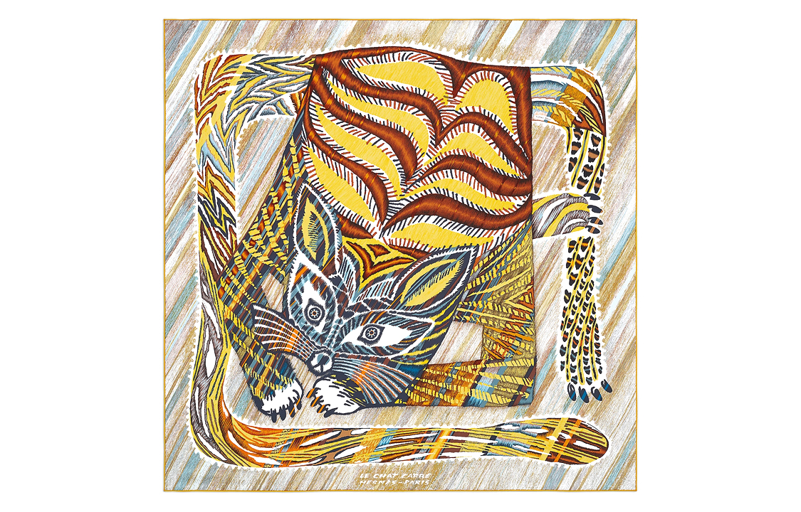 (Women) HERMES Le Chat Carre Soft Silk Scarf for Women - Multicolor. H003901S-01