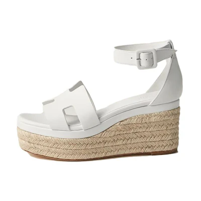 (W) HERMES Leather Buckle High Heel Ankle Strap Sandals 'White'