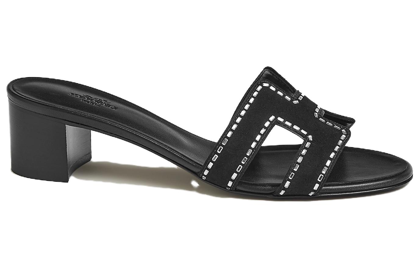 (W) HERMES Leather Fashion Open-Toe Slide 'Black' 圖 2