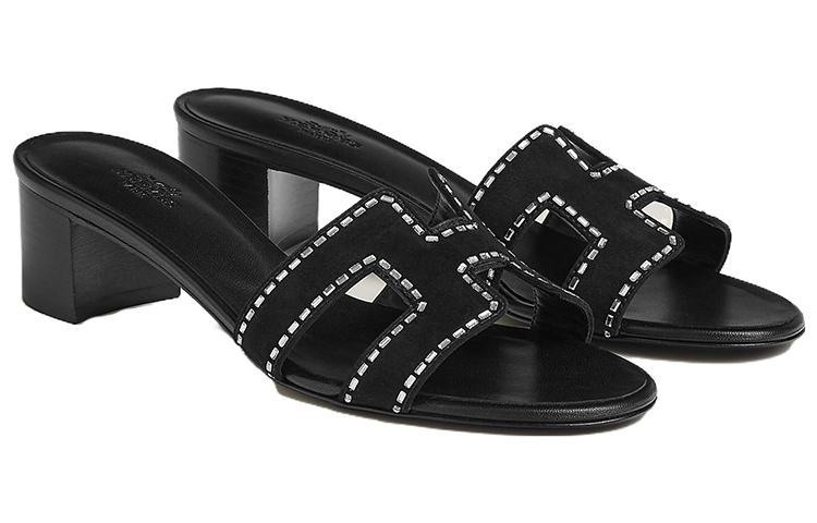 (W) HERMES Leather Fashion Open-Toe Slide 'Black' 圖 3