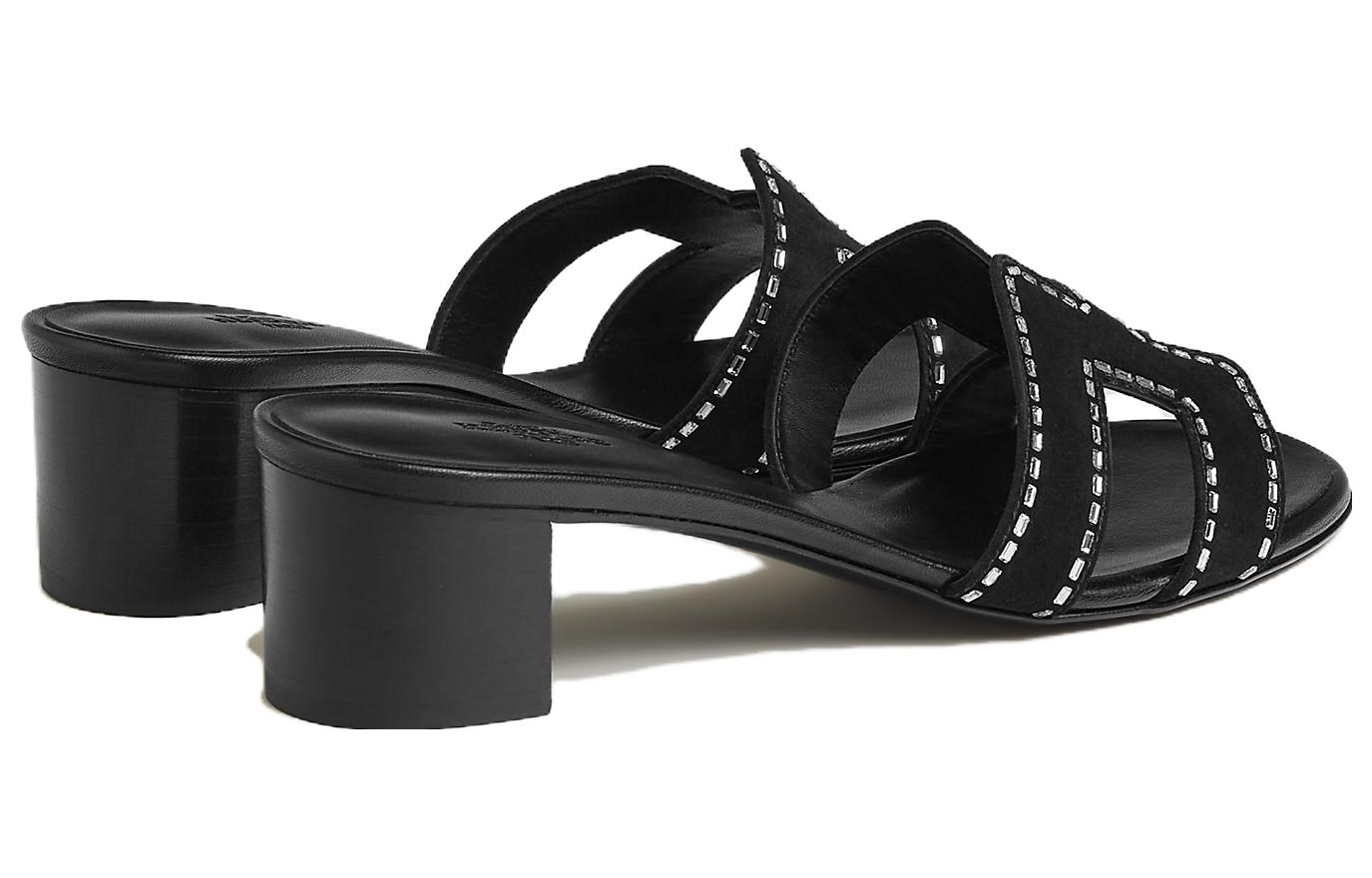 (W) HERMES Leather Fashion Open-Toe Slide 'Black' 圖 4