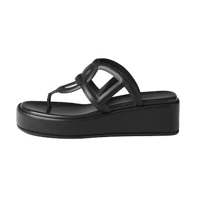 (W) HERMES Leather H-Strap Platform Sandal 'Black'