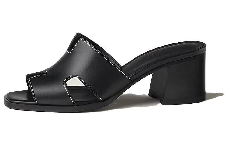 (Women) HERMES Leather High-Heeled Peep-Toe Slide Sandals 'Black' H232089Z-02350