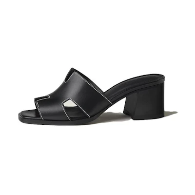(W) HERMES Leather High-Heeled Peep-Toe Slide Sandals 'Black'