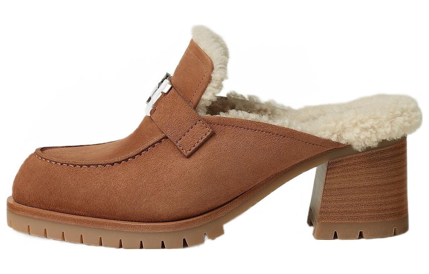 Buy (W) 爱马仕棕色方跟皮革穆勒鞋 H222057Z-A3