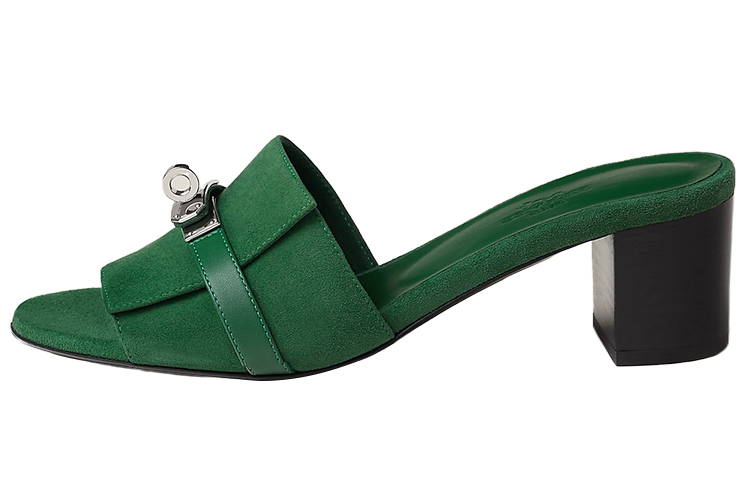 (Women) HERMES Leather Open Toe High Heel Slide 'Green' H232132Z-I0