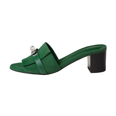 (W) HERMES Leather Open Toe High Heel Slide 'Green'