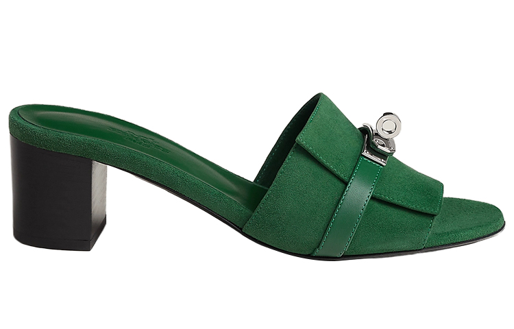 (W) HERMES Leather Open Toe High Heel Slide 'Green' 圖 2