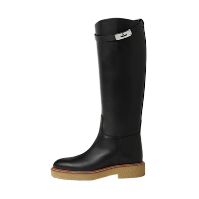 (W) HERMES Leather Round-Toe High-Boot 'Honey Black'