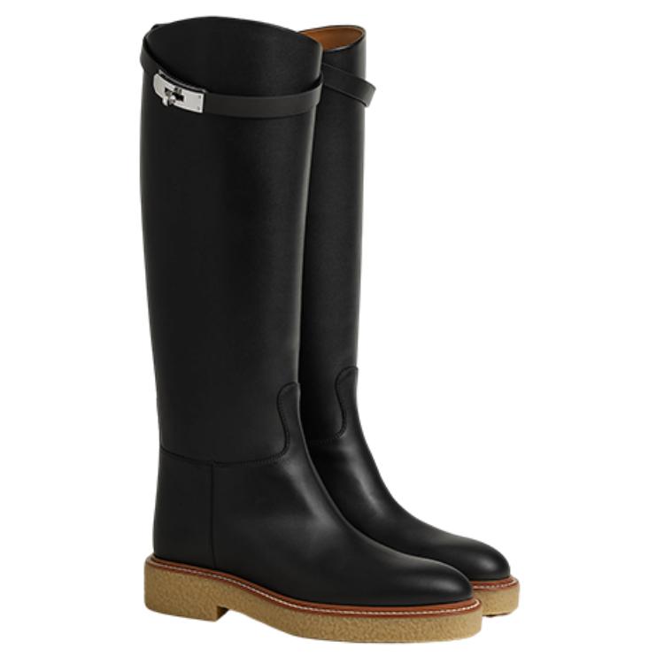 (W) HERMES Leather Round-Toe High-Boot 'Honey Black' 圖 4