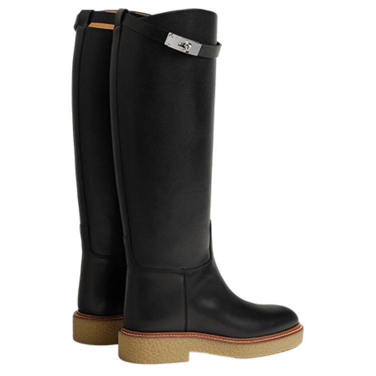 (W) HERMES Leather Round-Toe High-Boot 'Honey Black' 圖 5