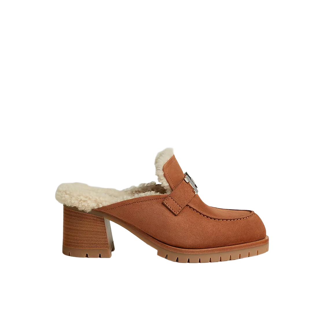 (Women) HERMES Leather Round Toe Block Heel Slippers 'Brown' H222057Z-WT