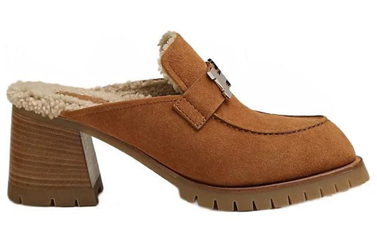 Order (W) エルメス レザーラウンドトゥ ブロックヒールスリッパ (ブラウン) H222057Z-WT