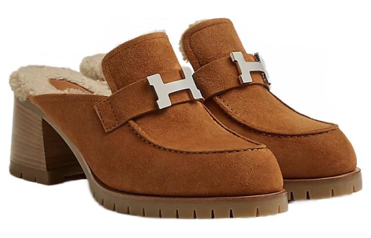 Lookbook (W) エルメス レザーラウンドトゥ ブロックヒールスリッパ (ブラウン) H222057Z-WT