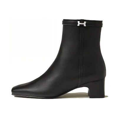 (W) HERMES Leather Round Toe Zip Ankle Boots 'Black'