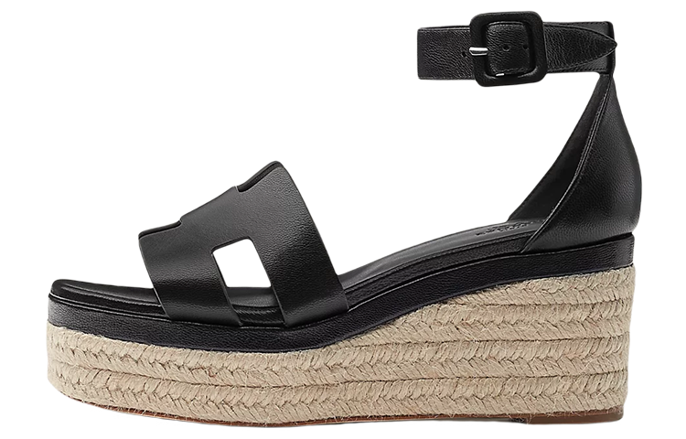(W) HERMES Leather Wedge Buckle Sandal 'Black Fashion'