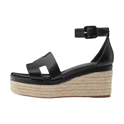 (W) HERMES Leather Wedge Buckle Sandal 'Black Fashion'