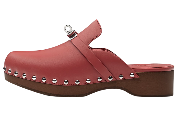 (W) HERMES Leather Wooden Sole Shoes 'Pink'