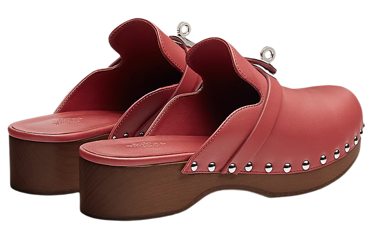 (W) HERMES Leather Wooden Sole Shoes 'Pink' 圖 4