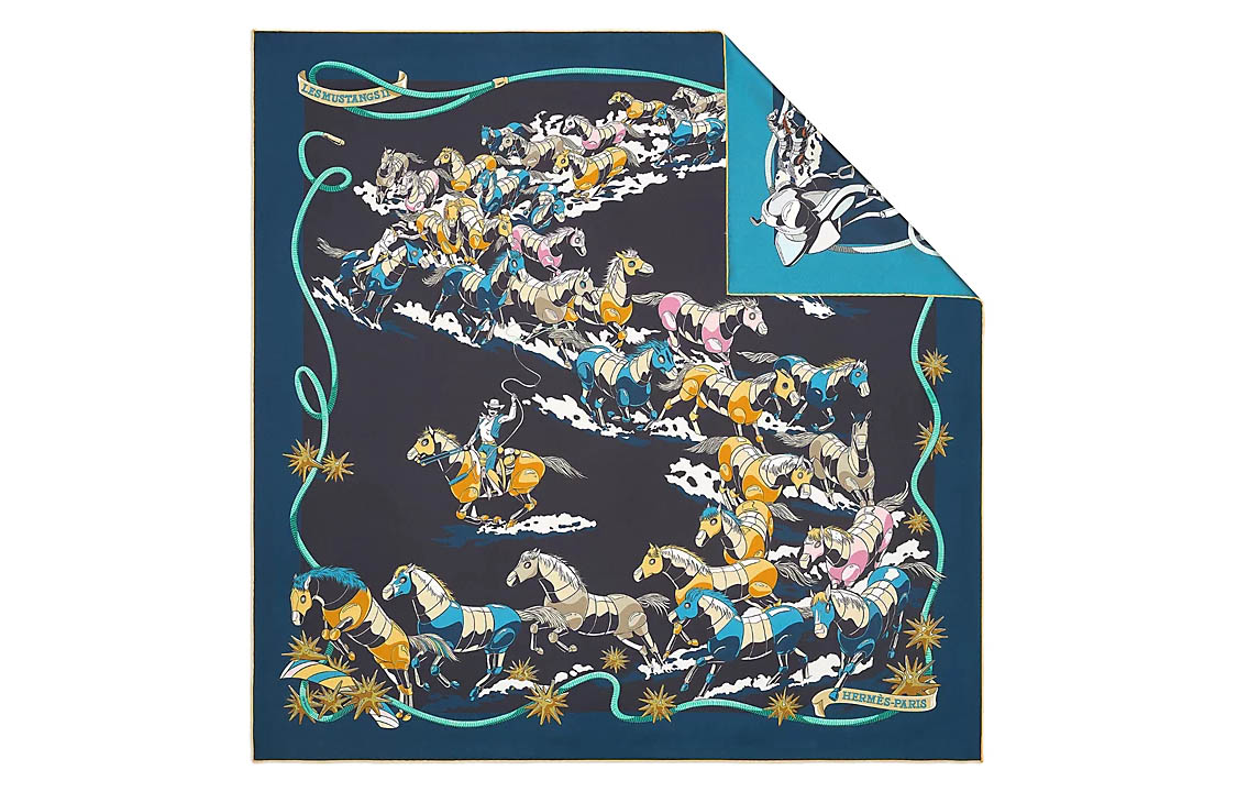 (Women) HERMES Les Mustangs II Blue Double-Sided Silk Scarf for Women. H903939S-03 圖 2