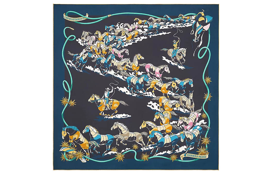 (Women) HERMES Les Mustangs II Blue Double-Sided Silk Scarf for Women. H903939S-03 圖 3