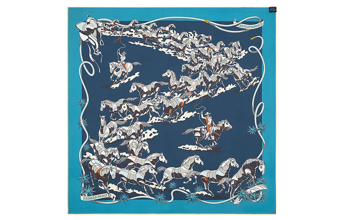 (Women) HERMES Les Mustangs II Blue Double-Sided Silk Scarf for Women. H903939S-03 圖 4