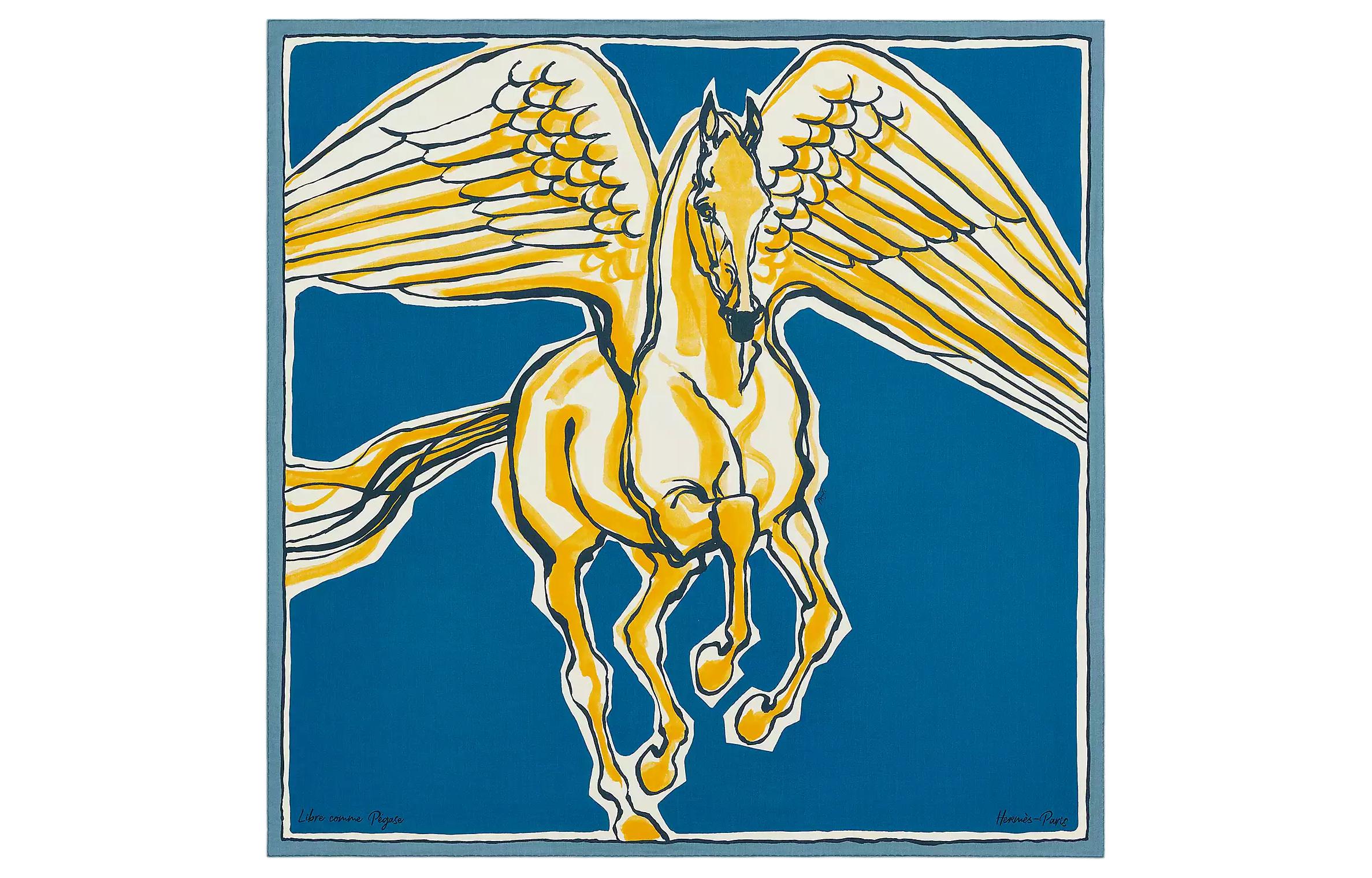 (Women) HERMES Libre Comme Pegase  Blue Shawl with Horse Pattern. H243802S01