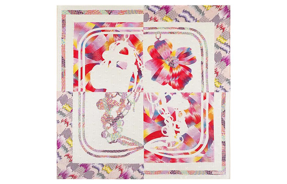 (Women) HERMES Limited Edition Marble Pattern Silk Scarf with Bee Embroidery Red/Purple H003890S-01
